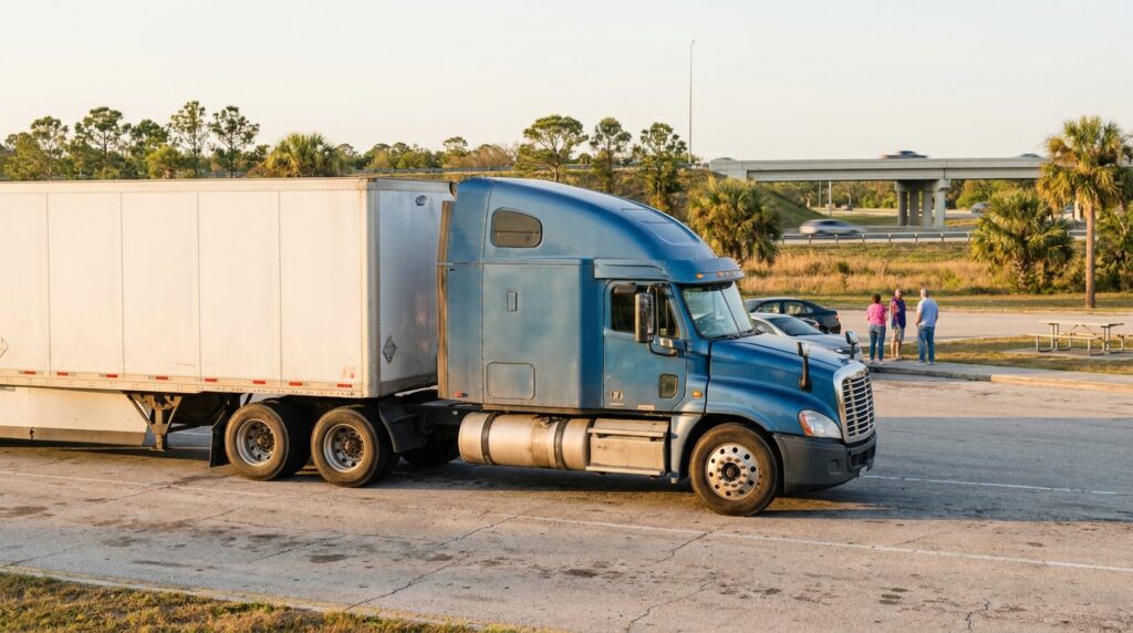 semi-truck with large trailer parked at highway rest stop near overpass