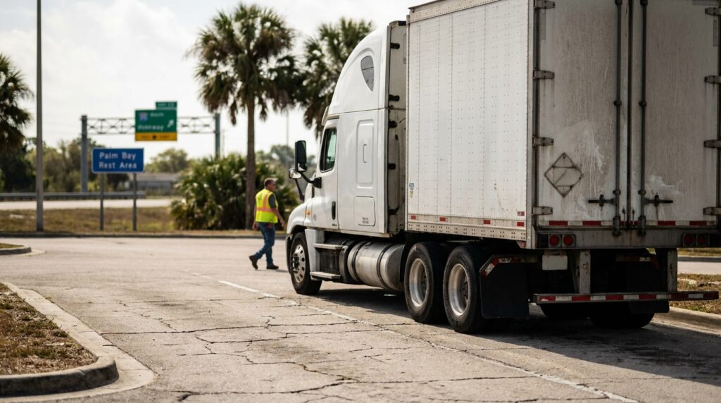 semi-truck parked at Palm Bay Rest Area with worker in safety vest nearby