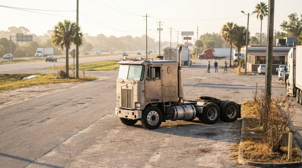 semi-truck cab without trailer parked in commercial lot near busy highway