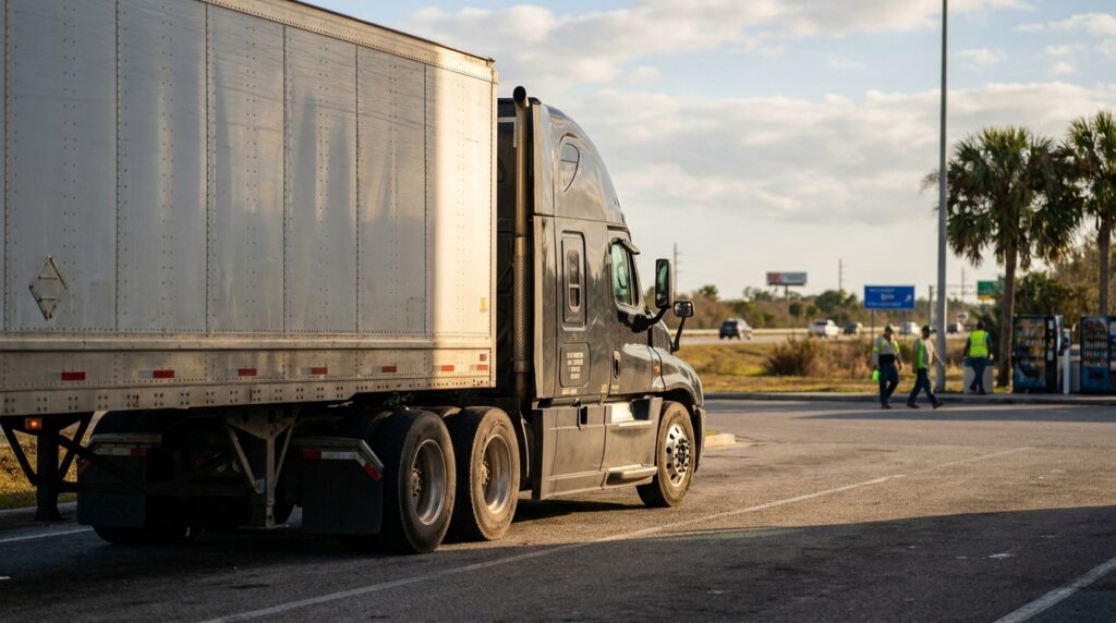 semi-truck with large trailer parked at roadside stop near highway