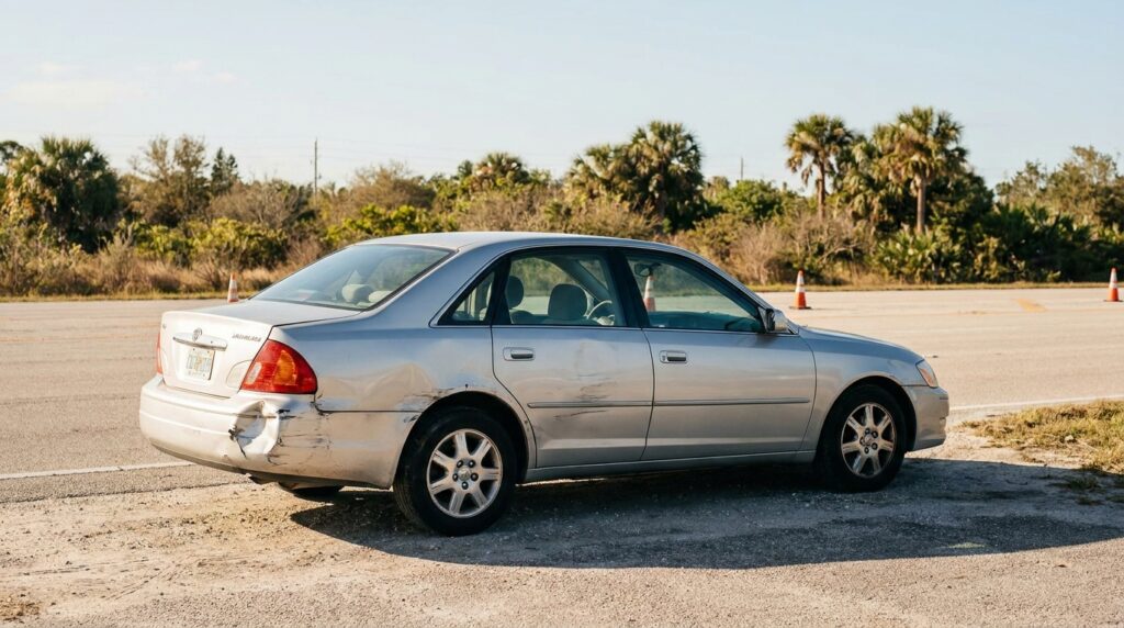sedan with visibly dented and damaged rear bumper parked near traffic cones