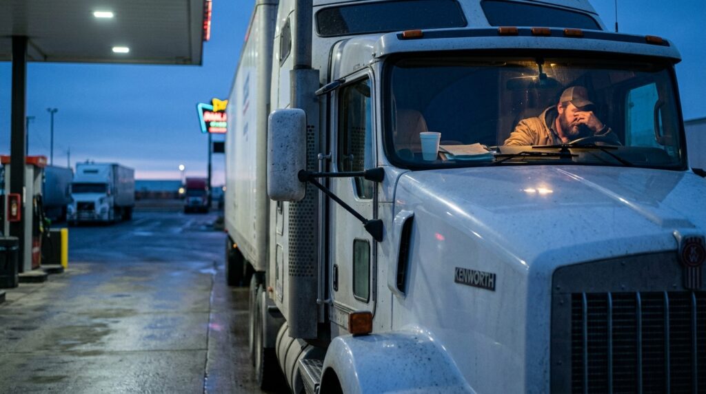 Truck driver resting inside Kenworth semi cab at truck stop