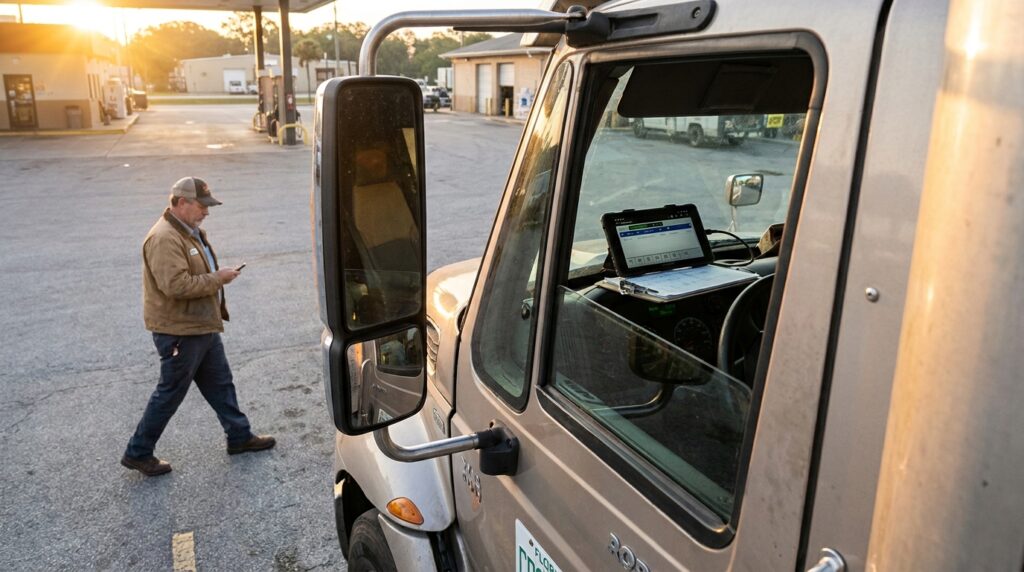 truck driver walking near commercial truck cab with mounted tablet device