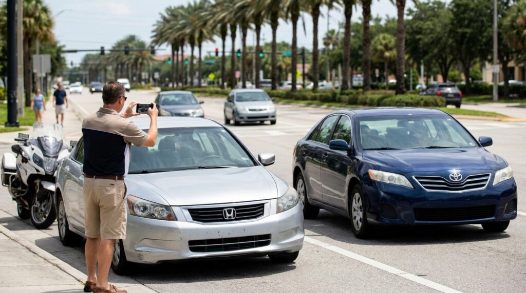 man photographing Honda and Toyota sedan collision damage on urban street