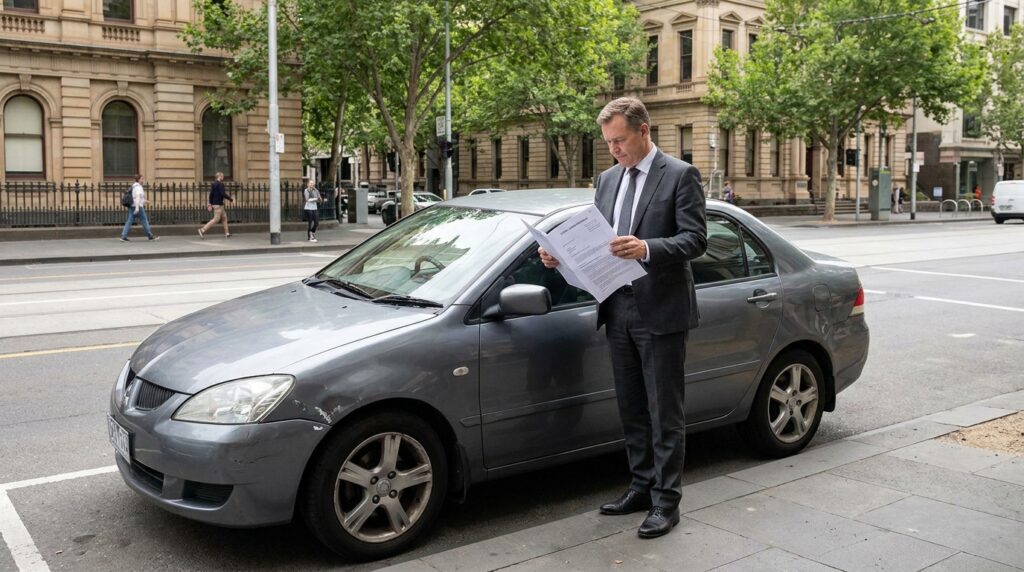 suited attorney reviewing legal documents beside sedan on urban street