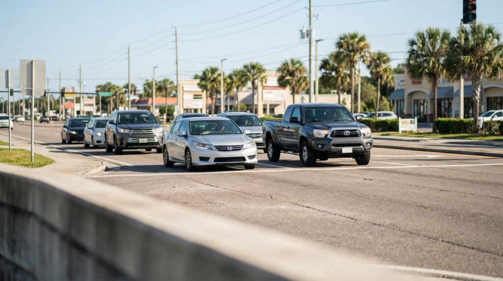 multiple vehicles stopped at busy Florida intersection with traffic signal and palm trees