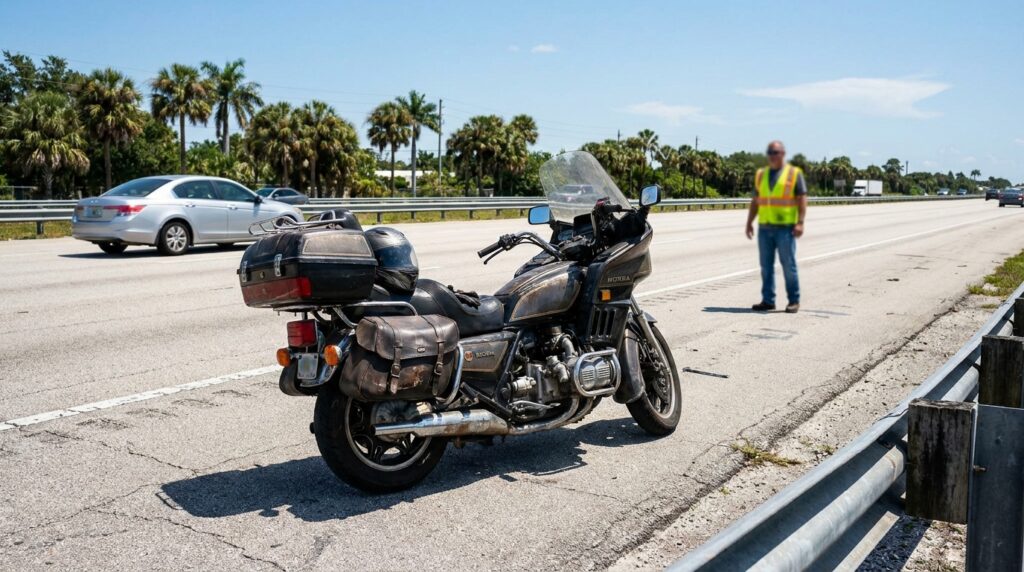 Honda motorcycle stopped on highway shoulder near safety vest worker