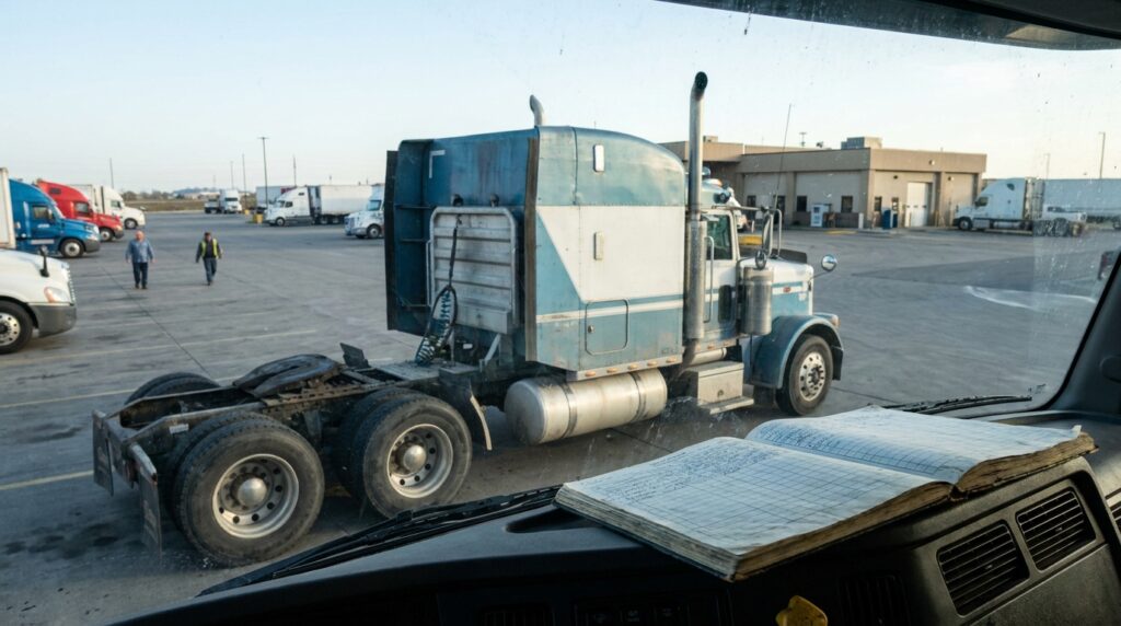 semi-truck cab viewed from dashboard with open logbook at busy truck stop