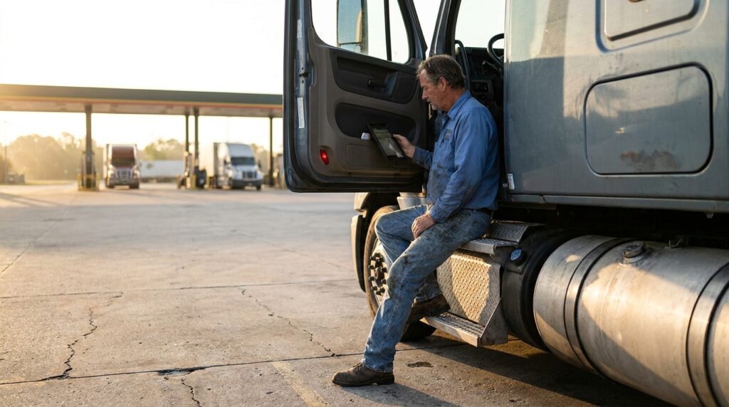 truck driver sitting on semi-truck step reviewing tablet at commercial truck stop