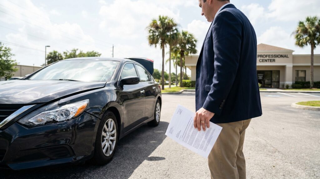 suited professional holding documents inspecting damaged sedan in parking lot