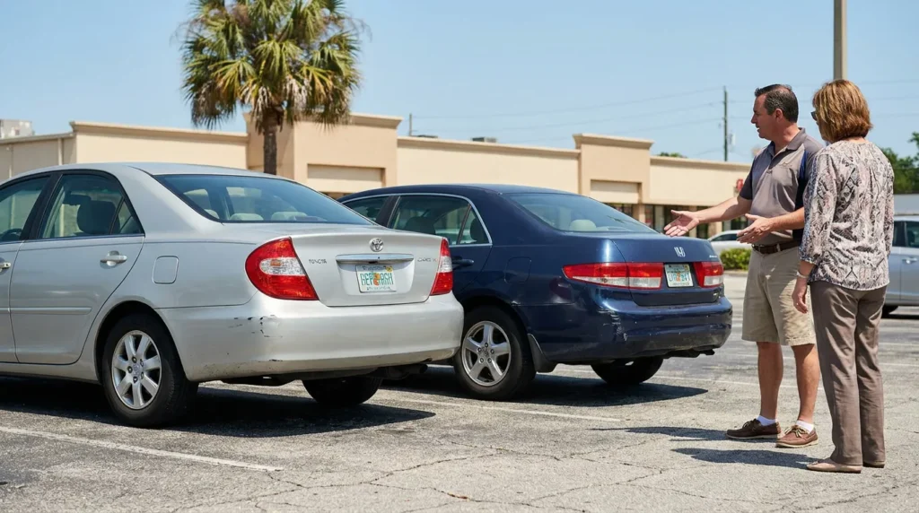 two people inspecting rear-end collision damage between Toyota and Honda sedans in parking lot