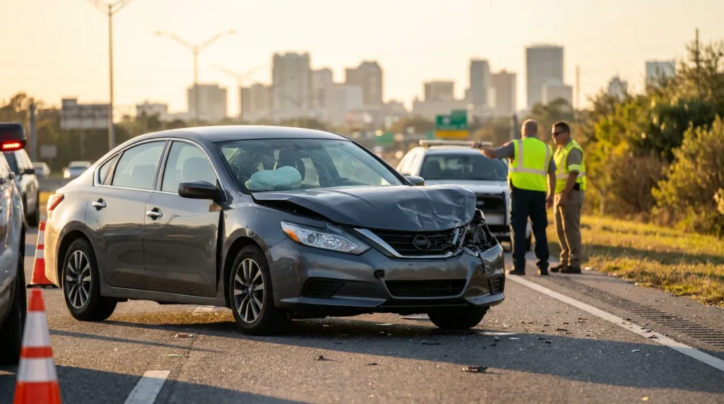 sedan with crushed front end stopped on highway with responders nearby