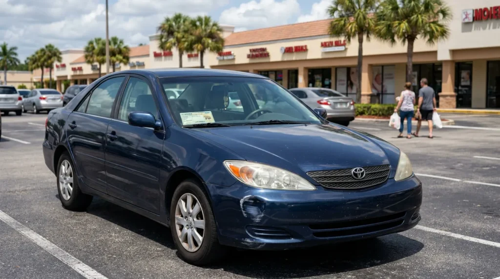 Toyota Camry sedan with front bumper damage parked in shopping center lot