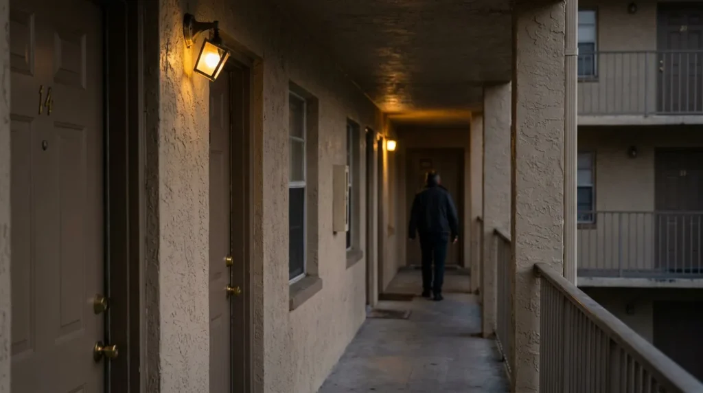 person walking dimly lit apartment corridor past numbered unit 14 door