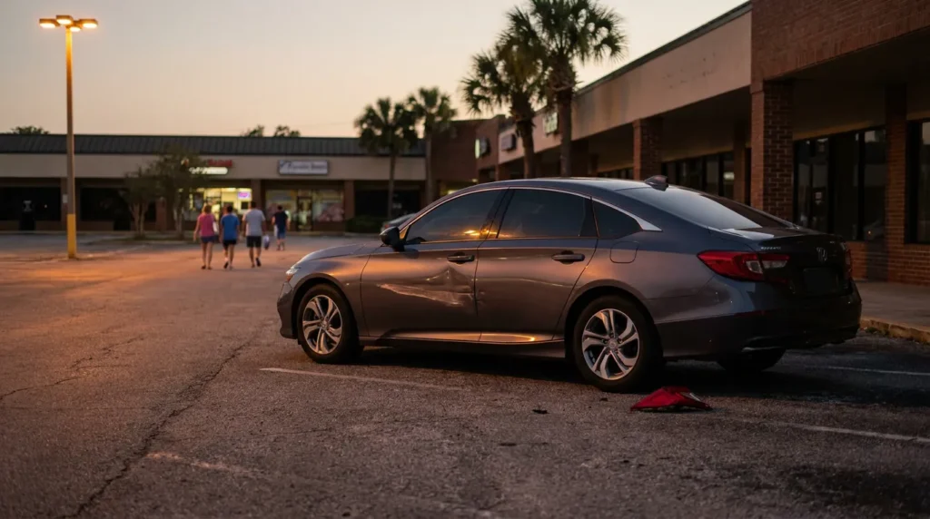 sedan with visible door dent parked in shopping center parking lot at dusk