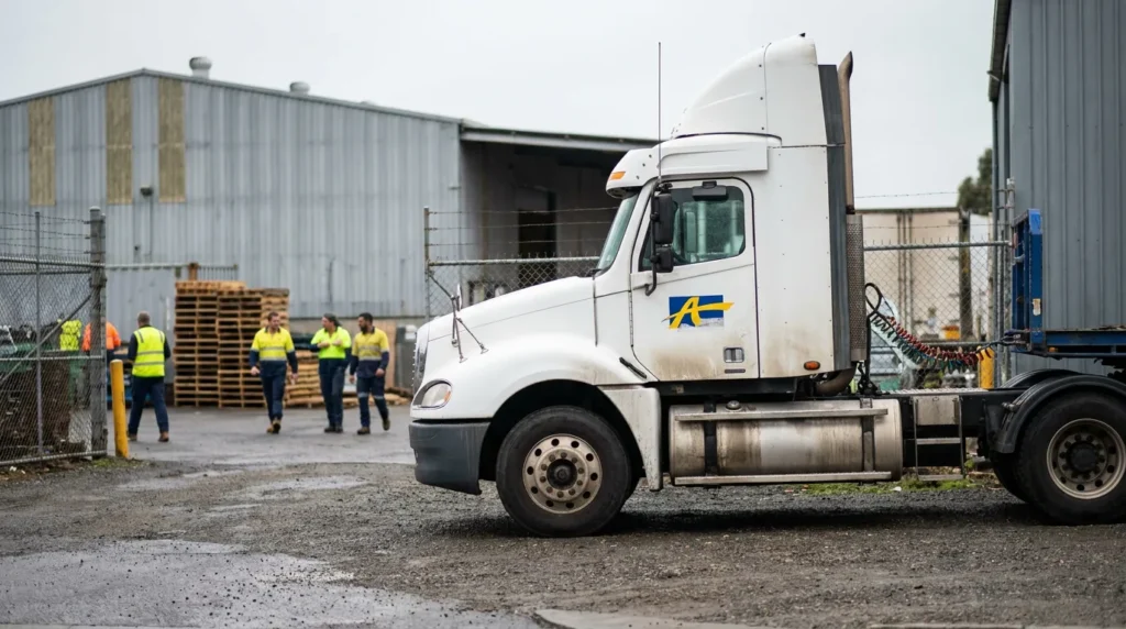 semi-truck cab parked at industrial facility with workers in high-visibility vests nearby