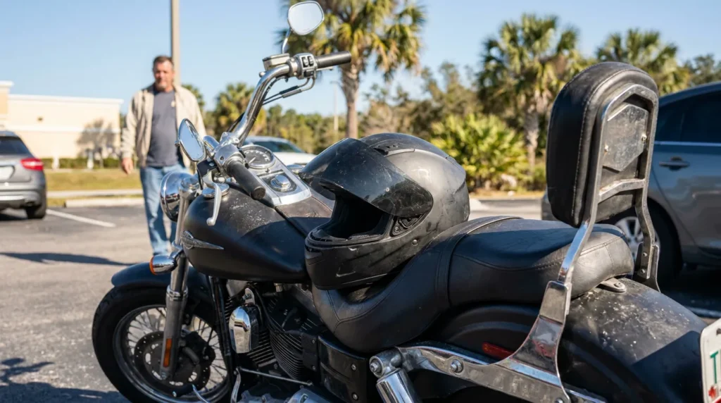 motorcycle with helmet resting on seat parked in outdoor lot with man standing nearby