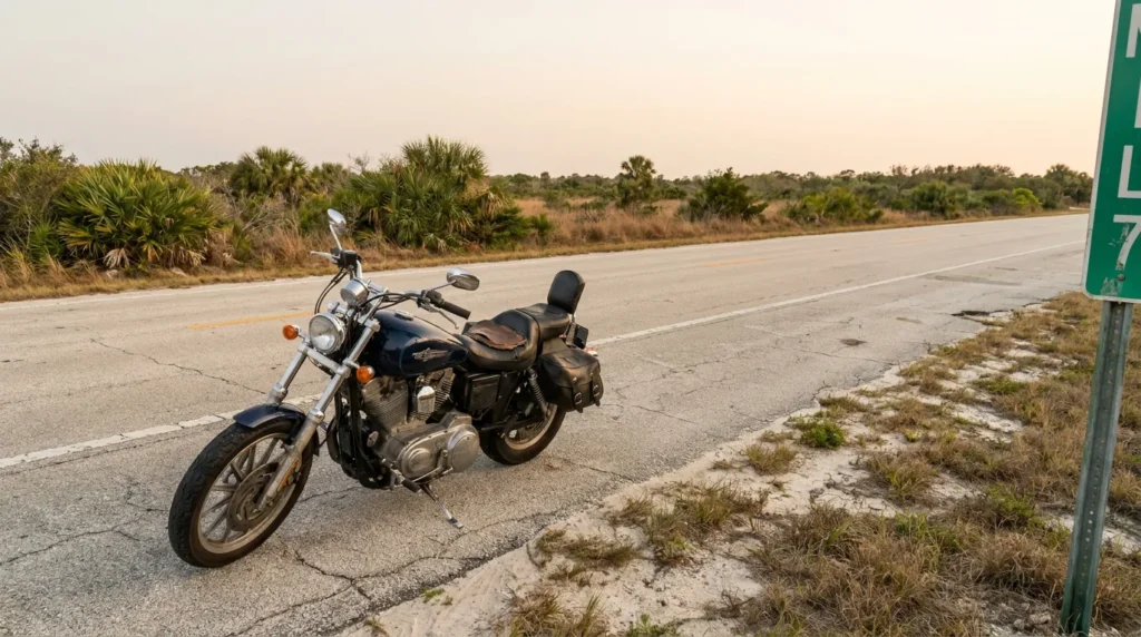 Harley-Davidson motorcycle parked on rural highway shoulder near road sign