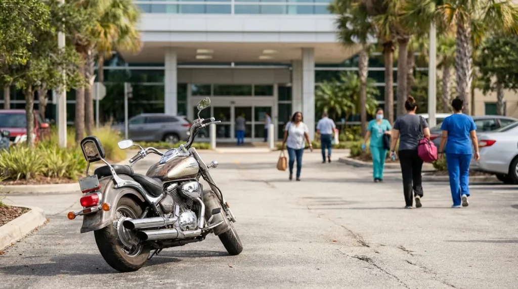 motorcycle parked in hospital parking lot with medical staff walking toward entrance