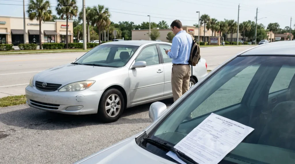 man using phone near sedan with Florida Auto Insurance Declaration document on dashboard
