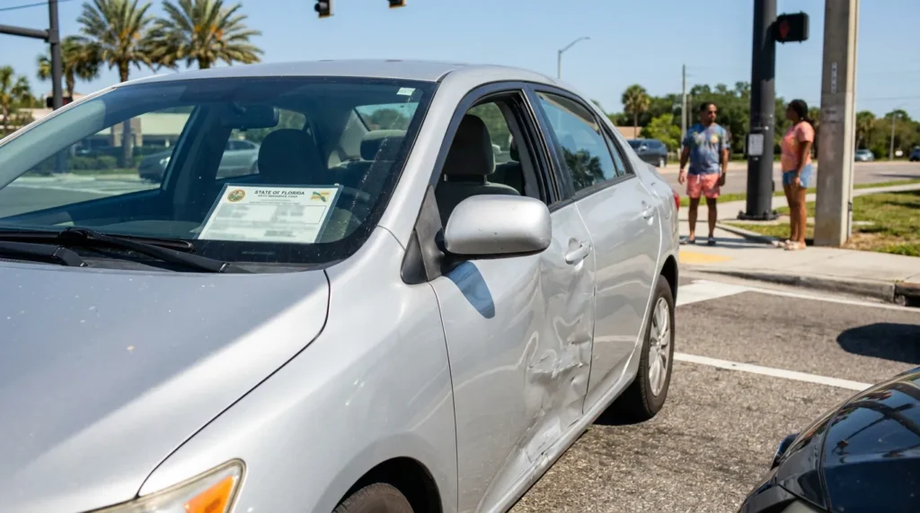 sedan with dented door and State of Florida insurance form on windshield after collision