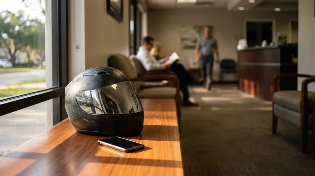 motorcycle helmet and smartphone on law firm lobby reception desk with clients
