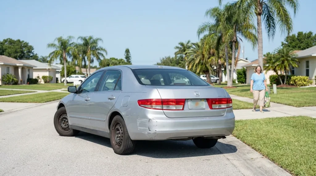 Honda Accord sedan with visible rear bumper damage parked on residential street