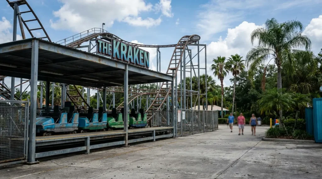 The Kraken roller coaster ride station with parked cars at amusement park