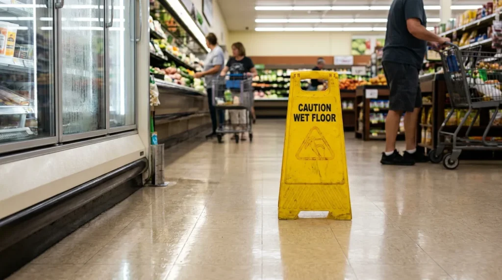 Caution Wet Floor sign placed in grocery store aisle near refrigerated section