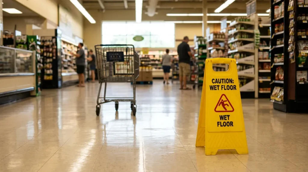 Caution Wet Floor warning sign on grocery store aisle floor with shoppers