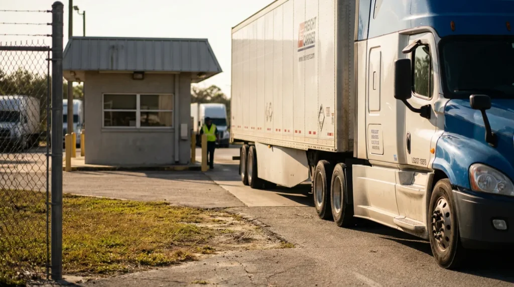 Freight Carrier semi-truck entering commercial facility gate with security guard