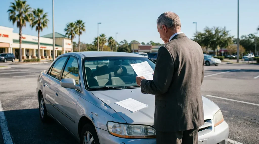 suited man reviewing documents beside sedan in commercial parking lot