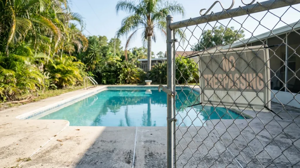 chain-link fence with No Trespassing sign beside unguarded residential pool