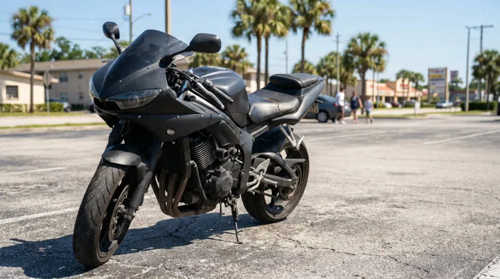sport motorcycle parked on cracked asphalt lot near palm trees and pedestrians