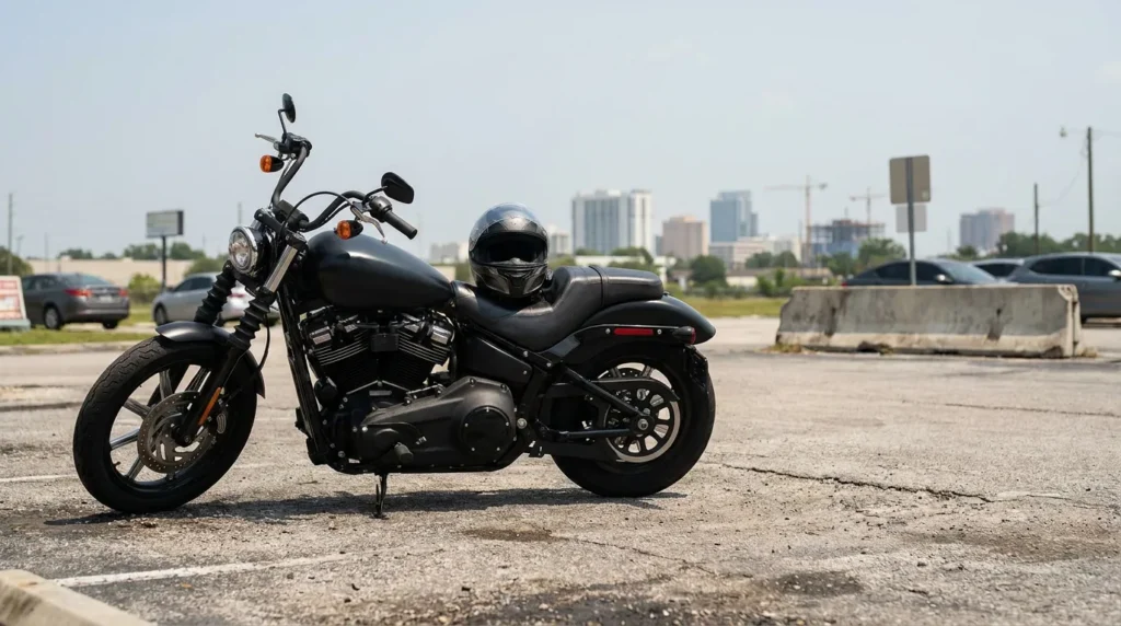 parked cruiser motorcycle with helmet resting on seat urban skyline background