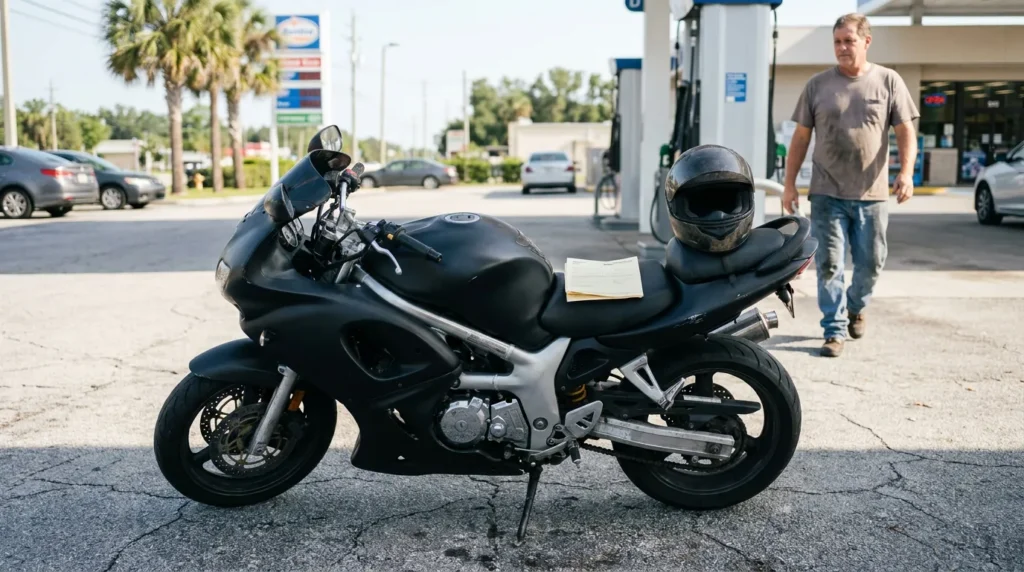 sport motorcycle with helmet and document on seat parked at gas station