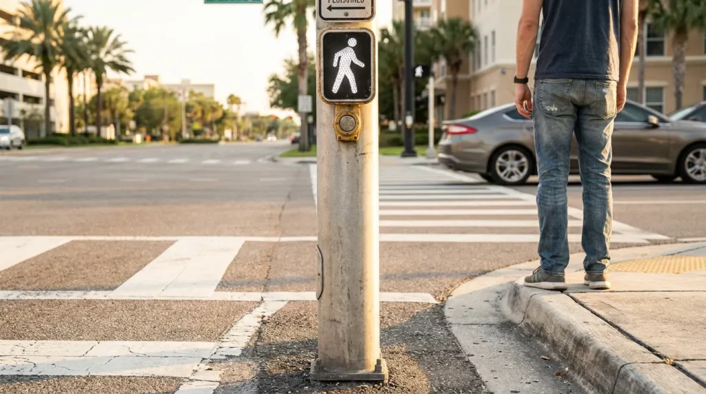 pedestrian standing at crosswalk signal pole beside striped crosswalk intersection