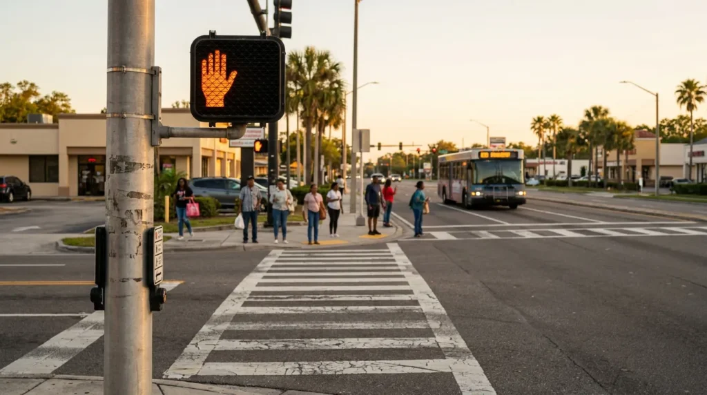 illuminated pedestrian stop hand signal at busy urban crosswalk with bus