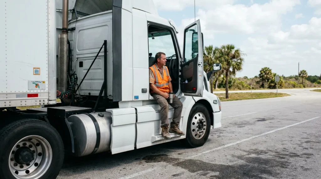 truck driver in safety vest sitting in open cab door of semi-truck holding thermos