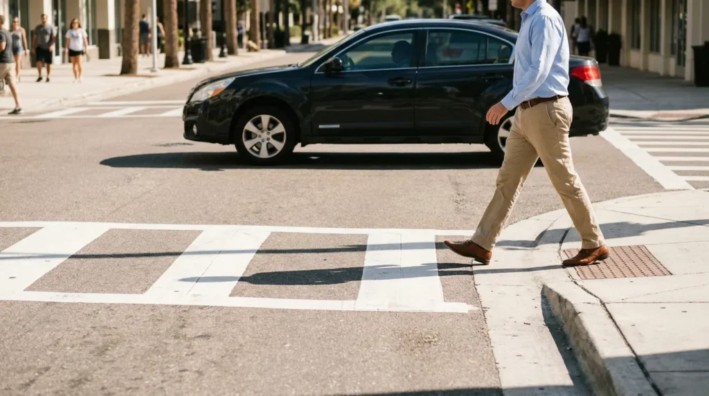 pedestrian stepping off curb into crosswalk as sedan passes nearby