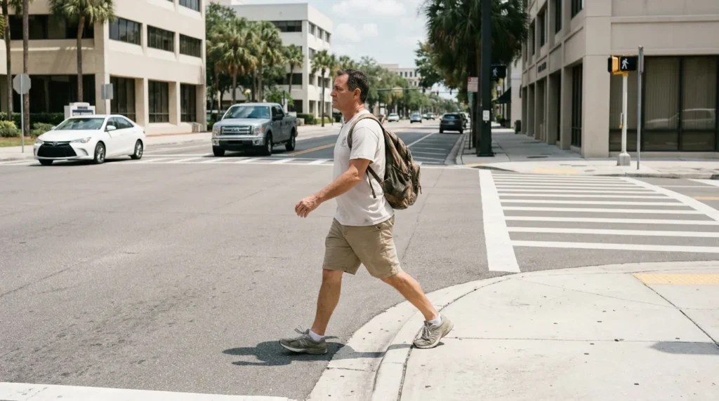 man with backpack stepping off curb near marked crosswalk on urban street