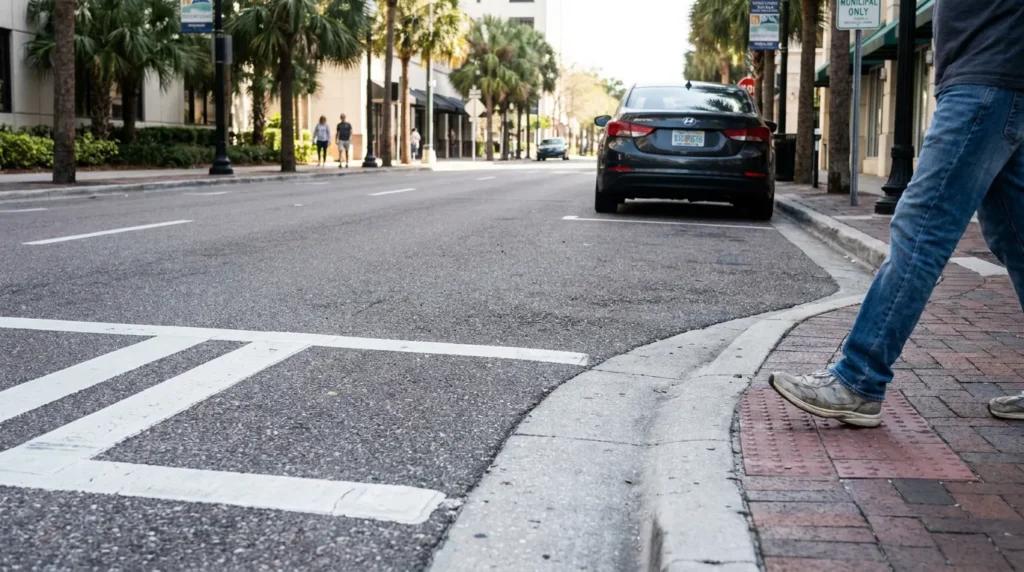 pedestrian stepping off curb near crosswalk with car on urban street