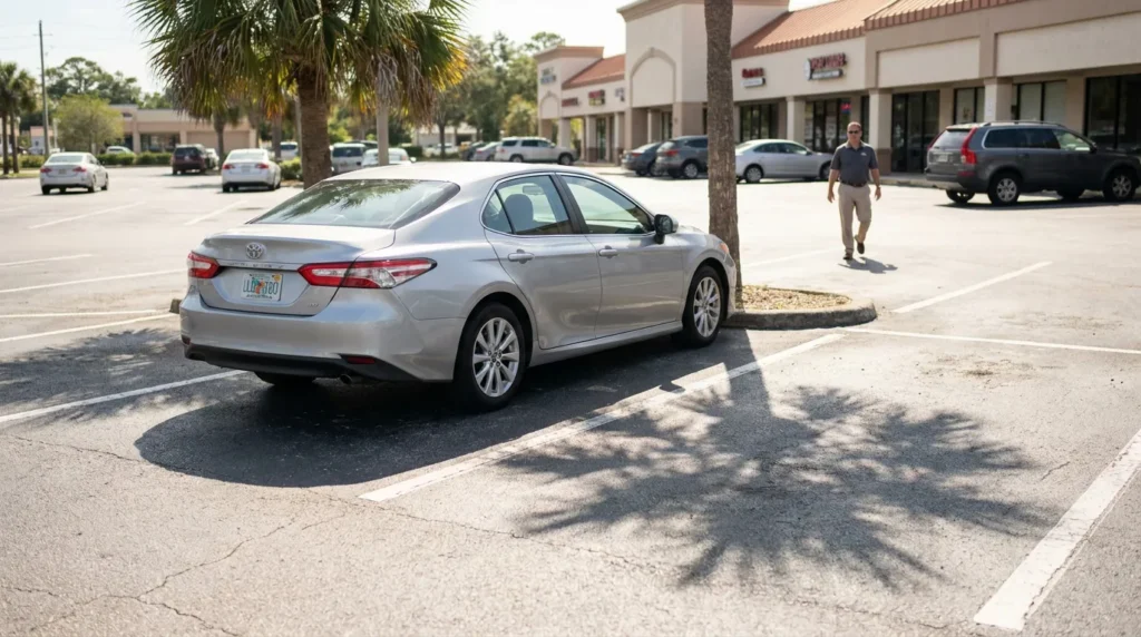 Toyota sedan parked in commercial parking lot with pedestrian walking nearby