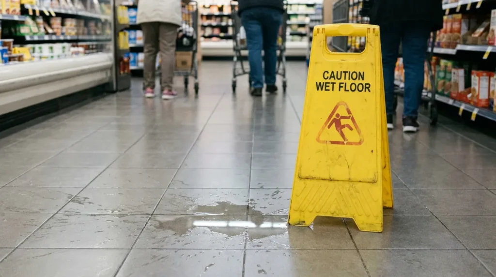 Caution Wet Floor sign beside puddle on grocery store tile aisle