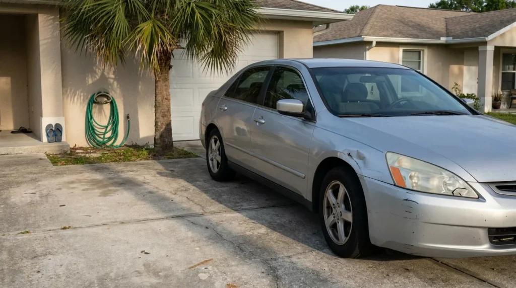 sedan with visible front-end collision damage parked in residential driveway