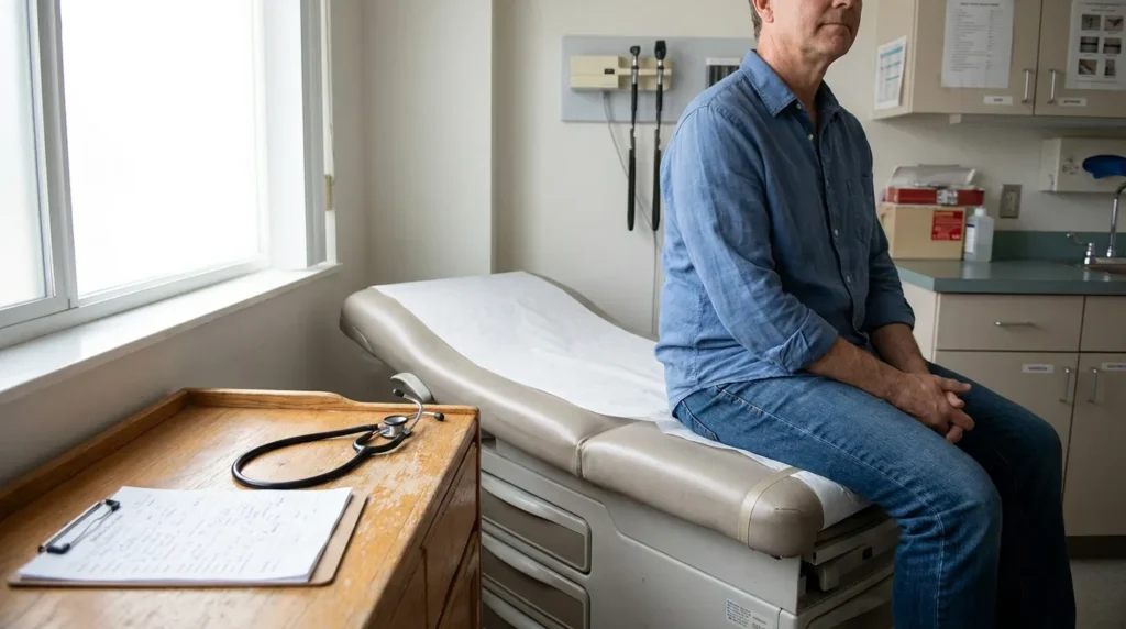 man seated on medical examination table beside stethoscope and clipboard
