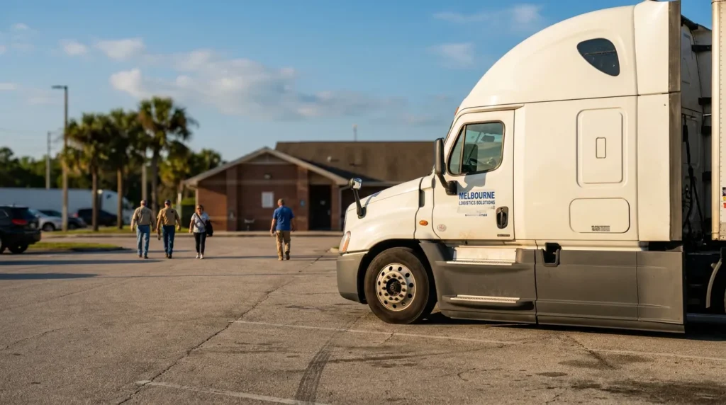 Melbourne Logistics Solutions semi-truck parked in lot with pedestrians walking nearby