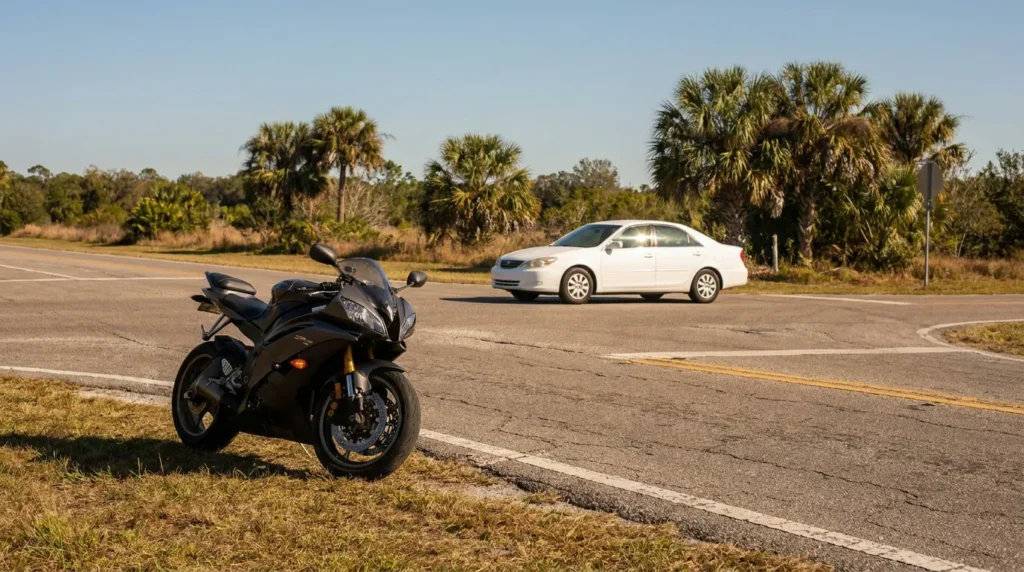 sport motorcycle parked roadside near sedan on Florida palm-lined highway