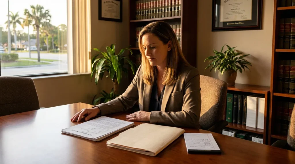 female attorney reviewing legal documents at desk with law books and framed certificates