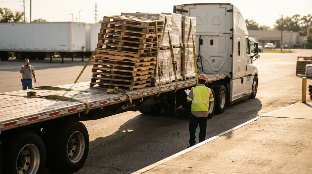 worker in safety vest and hard hat inspecting flatbed truck loaded with strapped pallets
